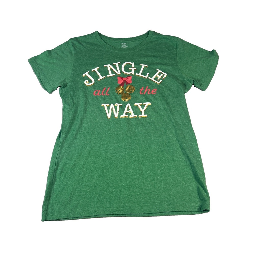 Holiday Time Jingle All the Way Green Christmas T-Shirt Womens S Short Sleeve